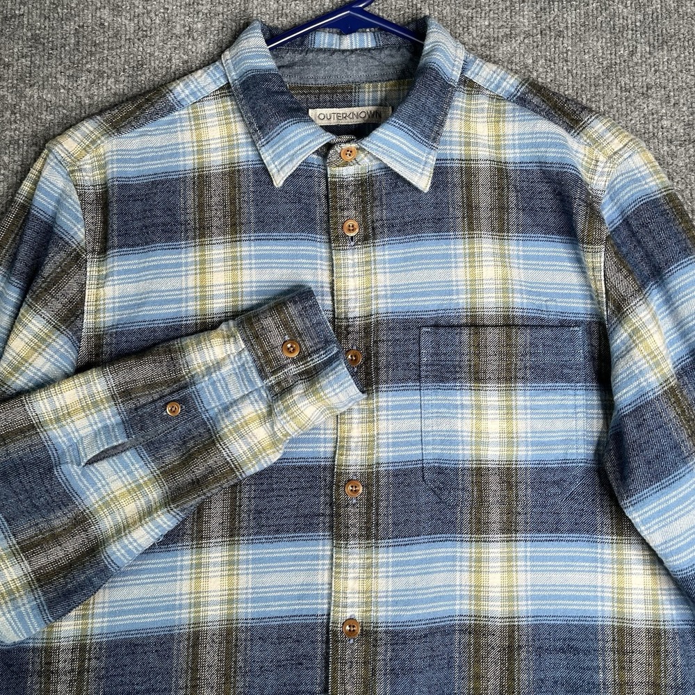 Outerknown Plaid Flannel Shirt Men M Organic‎ Cotton Blue Button Up Long Sleeve